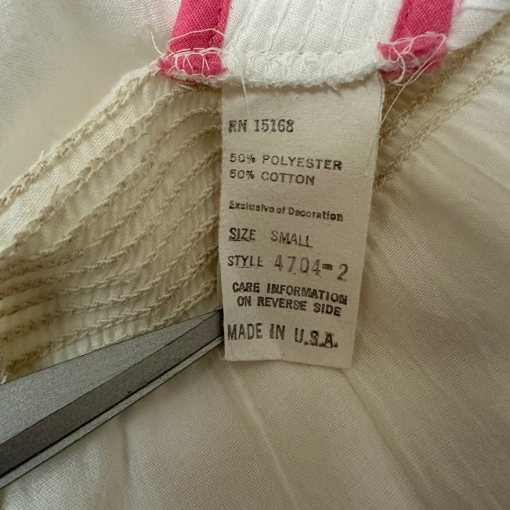 Vintage White Smocked House Dress Nightgown Pink Blue Trim Pockets USA Small - Picture 4 of 6